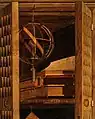 An armillary sphere, books, and a quadrant depicted through the use of intarsia