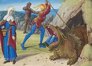 St. Martha clearly holding an aspergillum and bucket, with tarasque