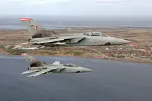 Two Panavia Tornado F3 of No. 1435 Flight patrolling the skies over the Falkland Islands.