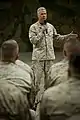 Former Commandant of the Marine Corps General James F. Amos addresses Marines and Department of Defense employees at Blount Island Command.