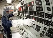 YN2 Nelson Munoz mans Damage Control Console during "general quarters" drill aboard USS&nbsp;Shiloh (CG-67).