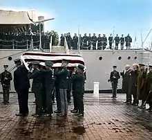 The Unknown Soldier from World War I arriving at the Washington Navy Yard, c. 1921 (colored)
