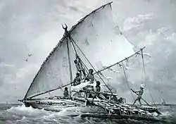 Image 6An Austronesian outrigger canoe; Malagasy vahoaka "people" is from Proto-Malayo-Polynesian *va-waka "people of the canoe". The Vahoaka Ntaolo, the first Austronesian ancestors of the Malagasy, probably used similar canoes to reach the great island from the Sunda Islands (from History of Madagascar)