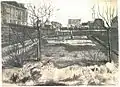  View of a bare garden, probably in early spring before trees have come into leaf. In the middle-ground there is a gardener leaning on a rake or some suchlike garden implement. The garden has a high fence and there are houses bordering it left and top on the two sides you can see.