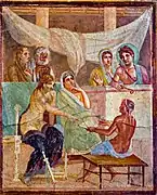 Alcestis and Admetus, ancient Roman fresco (45–79 CE.) from the House of the Tragic Poet, Pompeii, Italy