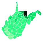 Support for Moran by county:&nbsp;&nbsp;>10%&nbsp;&nbsp;4–5%&nbsp;&nbsp;3–4%&nbsp;&nbsp;2–3%&nbsp;&nbsp;1–2%&nbsp;&nbsp;<1%