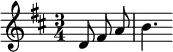 \relative
{ \set Score.tempoHideNote = ##t \tempo 4 = 90 \set Staff.midiInstrument = #"trumpet"
\key d \major
\time 3/4 \partial 4. \autoBeamOff
d'8 fis a | b4.
}