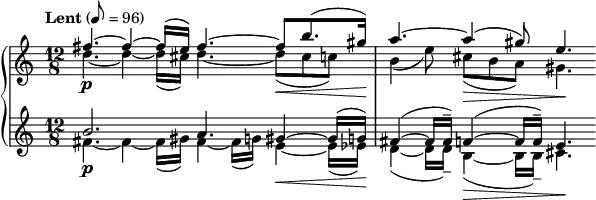 { \new PianoStaff <<
\new Staff \relative c'' { \clef treble \time 12/8 \key c \major \tempo "Lent" 8 = 96 << { fis4.~\p fis4~ fis16( e) fis4.~ fis8\< b8.( gis16\!) | a4.~ a4(\> gis8) e4.\! } \\ { d4.~ d4~ d16( cis) d4.~ d8( cis c) | b4( e8) cis( b a) gis4. } >> }
\new Staff \relative c'' { \clef treble \time 12/8 \key c \major << { b2.\p a4. gis4~\< gis16( g\!) | fis4~( fis16 fis--) f4~(\> f16 f--) e4.\! } \\ { fis4.~ fis4~ fis16( gis) fis4~ fis16( g) e4~ e16( ees) | d4~( d16 d--) b4~( b16 b--) cis4. } >> } >> }