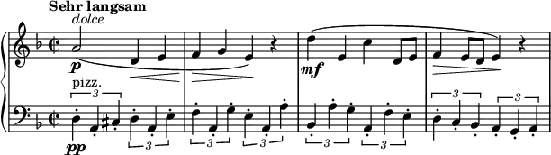 \relative c'' {
\new PianoStaff <<
\new Staff {
\set Staff.midiInstrument = #"piano" \key f \major \clef treble \time 2/2 \set Score.tempoHideNote = ##t \tempo "Sehr langsam" 2 = 22
a2 ^\markup \italic { "dolce" } \p ( d,4 \< e4 |
f4 \! \> g4 e4 ) \! r4 |
d'4 \mf ( e,4 c'4 d,8 e8 |
f4 \> e8 d8 e4 ) \! r4 |
}
\new Staff {
\set Staff.midiInstrument = #"piano" \key f \major \clef bass \time 2/2
\times 2/3 {
d,4 \pp ^"pizz." -. a4 -. cis4 -.
}
\times 2/3 {
d4 -. a4 -. e'4 -.
} |
\times 2/3 {
f4 -. a,4 -. g'4 -.
}
\times 2/3 {
e4 -. a,4 -. a'4 -.
} |
\times 2/3 {
bes,4 -. a'4 -. g4 -.
}
\times 2/3 {
a,4 -. f'4 -. e4 -.
} |
\times 2/3 {
d4 -. c4 -. bes4 -.
}
\times 2/3 {
a4 -. g4 -. a4 -.
} |
}
>>
}