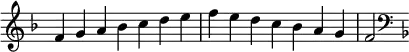 {
\omit Score.TimeSignature \relative c' {
\key f \major \time 7/4 f g a bes c d e f e d c bes a g f2
\clef F \key f \major
} }