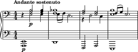 { \new PianoStaff << \new Staff \relative c' { \clef bass \numericTimeSignature \time 4/4 \tempo "Andante sostenuto" r4 << { <b g>2\p <b g>4 | <bes f>1 | <a f>2 <g e> | f8( g) e2. } \\ { e2 e4 | e8( f) d2. | r4 d2 c4 | <b' e,>1 } >> } \new Staff \relative c { \clef bass \numericTimeSignature \time 4/4 <e, a,>1\p | d | f,2 a | e1 } >> }