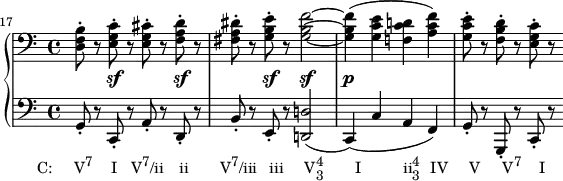 {
#(set-global-staff-size 16)
\new PianoStaff <<
\new Staff <<
\new Voice \relative c {
\override DynamicLineSpanner.staff-padding = #2.5
\set Score.currentBarNumber = #17
\bar ""
\set Score.tempoHideNote = ##t \tempo 4 = 84
\clef F
<d f b>8-. r <e g c>-.\sf r <e g cis>-. r <f a d>-.\sf r
<fis a dis>-. r <g b e>-.\sf r <g b f'>2~\sf
<g b f'>4(\p <g c e> <f! c' d!> < a c f>)
<g c e>8-. r <f b d>-. r <e g c>-. r
}
>>
\new Staff <<
\new Voice \relative c {
\clef F
g8-._\markup { \translate #'(-5.5 . 0) \concat { { "C: V" \raise #1 \small "7" \hspace #2.5 "I" \hspace #2 "V" \raise #1 \small "7" "/ii" \hspace #2.2 "ii" \hspace #4.5 "V" \raise #1 \small "7" "/iii" \hspace #1.7 "iii" \hspace #3 "V" \combine \raise #1 \small 4 \lower #1 \small 3 \hspace #4.5 "I" \hspace #6 "ii" \combine \raise #1 \small 4 \lower #1 \small 3 \hspace #1.5 "IV" \hspace #3 "V" \hspace #3.2 "V" \raise #1 \small "7" \hspace #2.5 "I" } } }
r c,-. r a'-. r d,-. r
b'-. r e,-. r <d! d'!>2(
c4)( c' a f)
g8-. r g,-. r c-. r
}
>>
>> }