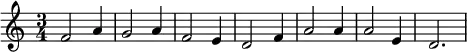 \relative c'{\set Staff.midiInstrument = #"electric piano 2" \once \hide Score.MetronomeMark \tempo 4 = 85 \time 3/4 f2 a4 g2 a4 f2 e4 d2 f4 a2 a4 a2 e4 d2.}