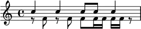 \relative c' {
\new Staff <<
\new Voice = "first"
{ \voiceOne c'4 c c8 c c4 }
\new Voice = "second"
{ \voiceTwo r8 f, r f f f16 f f f r8 }
>> }