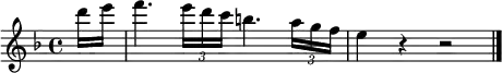 \relative c''' {
\key f \major
\partial 8 d16 e |
f4. \times 2/3 { e16 d c } b4. \times 2/3 { a16 g f } |
e4 r r2 | \bar "|."
}