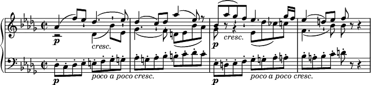 \relative c'' {
\new PianoStaff <<
\new Staff <<
\new Voice {
\stemUp \set Staff.midiInstrument = #"piano" \key des \major \clef treble \time 2/2 \set Score.tempoHideNote = ##t \tempo 4 = 88
as4 ^( f'8 ) es8 -! des4. _\markup { \italic {cresc.} } ^( es8 ) |
des4 ^( c8 ) -! des8 -! as'4 ^( es8 ) r8 |
bes8 ^( as'8 _\markup { \italic {cresc.} } ges8 ) -! f8 -! es4. ges16 f16 |
es4 ^( d8 ) -! es8 f8 -! r8 r4 |
}
\new Voice {
\stemDown
r2 \p des,4 _( bes'8 ) -! es,8 -! |
ges4. _( f8 ) d8 _( es8 bes'8 as8 ) |
ges8 \p r8 r4 es8 _( des'8 ces8 ) c8 |
f,4. _( bes8 ) bes8 s4 s8 |
}
>>
\new Staff {
\set Staff.midiInstrument = #"piano" \key des \major \clef bass \time 2/2
des,,8 \p -. c8 -. des8 -. es8 -. e8 _\markup { \italic { poco a poco cresc. } } -. f8 -. ges8 -. g8 -. |
as8 -. g8 -. as8 -. bes8 -. b8 -. c8 -. des8 -. c8 -. |
es,8 \p -. d8 -. es8 -. f8 -. ges8 _\markup { \italic { poco a poco cresc. } } -. g8 -. as8 -. a8 -. |
bes8 -. a8 -. bes8 -. c8 -. d8 -. r8 r4 |
}
>>
}