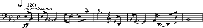 \new Staff \relative c {
\clef bass \time 4/4 \key ees \major \tempo "" 4=126 \partial 4 \set Staff.midiInstrument = #"trombone"
ees16-\ff^\markup { \italic "marcatissimo" } bes8. ees16 bes8.~bes4 g'16 ees8.~ees8 c'8-> bes2.->
\clef treble ees16 bes8. g'16 ees8.~ees4 f16 bes,8.~bes8 bes'8-> g1
}