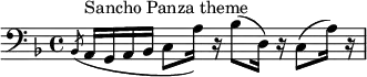 \relative c { \clef bass \key d \minor \slashedGrace bes8( a16^"Sancho Panza theme" g a bes c8 a'16) r bes8( d,16) r c8( a'16) r }