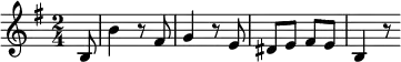 \relative b { \time 2/4 \key e \minor \partial 8 b8 b'4 r8 fis g4 r8 e dis e fis e b4 r8 }