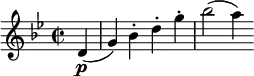 \relative c' {
\set Score.tempoHideNote = ##t \tempo 2 = 120
\time 2/2 \tempo "Allegro assai" \key g \minor
\partial4 d4\p(
g ) bes-. d-. g-.
bes2 ( a4 )
}