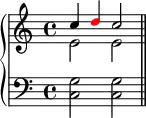 \new PianoStaff <<
\new Staff <<
\new Voice \relative c'' {
\clef treble \key c \major \time 4/4
\stemUp c4 \once \override NoteHead.color = #red d c2
}
\new Voice \relative c' {
\stemDown e2 e
}
>>
\new Staff <<
\relative c {
\clef bass \key c \major \time 4/4
<c g'>2 <c g'> \bar "||"
}
>>
>>