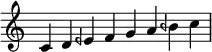 \relative c' {
\time 8/4 \omit Staff.TimeSignature
c4 d eeh f g a beh c \bar "|"
}