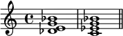 {
\relative c' {
\time 4/4
<des e g bes>1 <c es g bes> \bar "||"
}
}