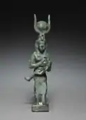 Ancient Egyptian statuette of Isis and Horus; 305–30&nbsp;BC; solid cast of bronze; 4.8 × 10.3&nbsp;cm; Cleveland Museum of Art (Cleveland, Ohio, US)
