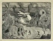 Picture depicting American troops scrambling for cover while being attacked by a low flying German airplane at Vierzy.  Picture by Lucien Hector Jonas (1880-1947).