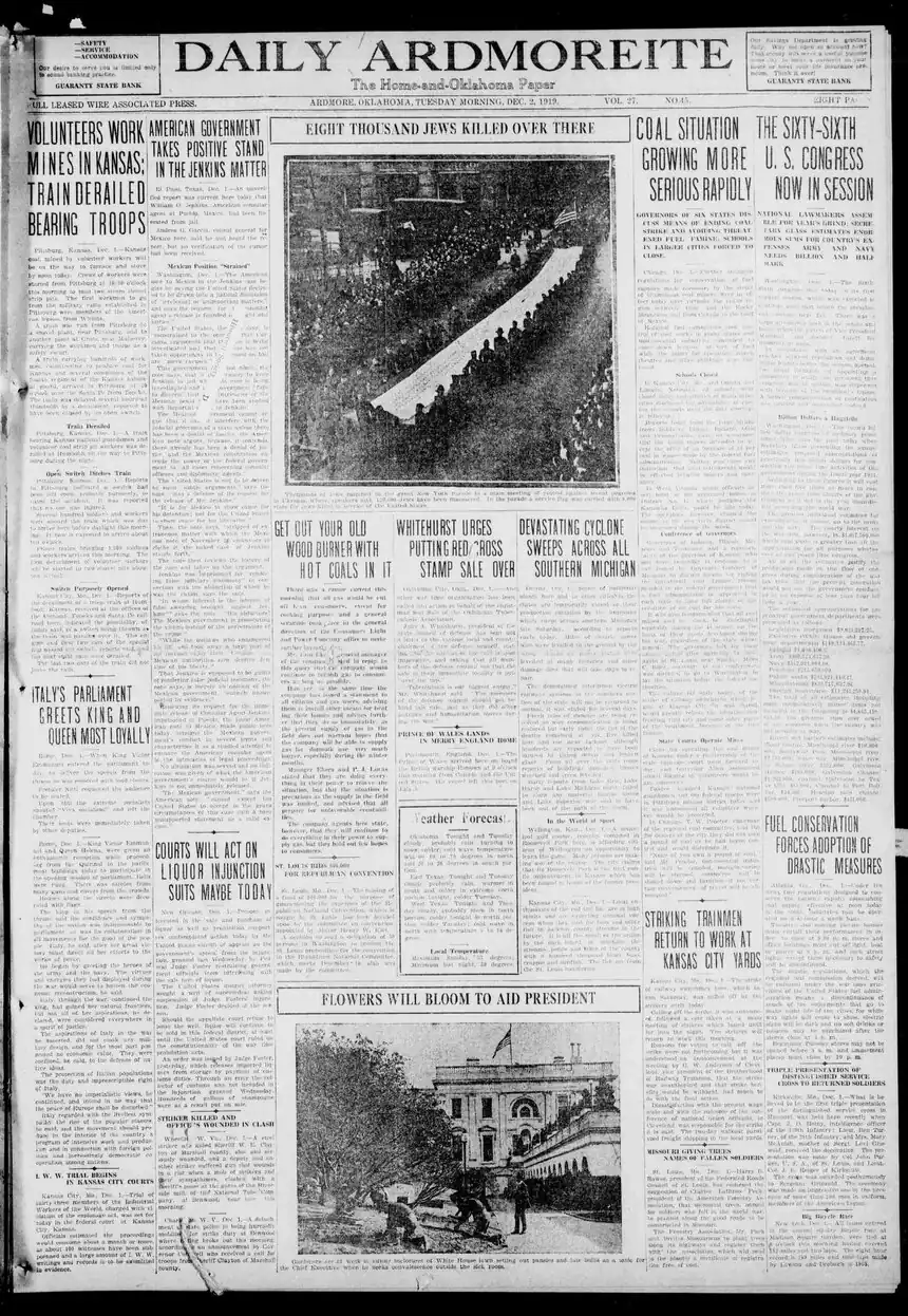 alt=People in NYC protesting against the violent pogroms
Caption Reads:
Thousands of Jews marched in the great New York Parade to a mass meeting of protest against recent pogroms in Ukraine, where, speakers said, 120,000 Jews have been massacred. In the parade a service flag was carried with 8,000 stars for Jews killed in service of the United States.
-December 2, 1919;
Daily Ardmoreite (Oklahoma Paper)